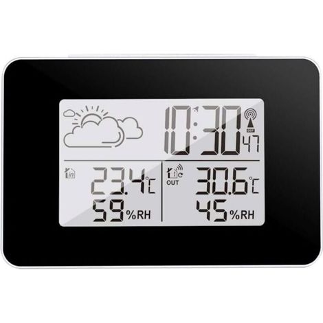 Indoor-wetterstation Mit Außensensor – Thermometer Und Hygrometer – Animierte Wettervorhersage – Funkgesteuerte Dcf-uhr – Schwarzes Led-display