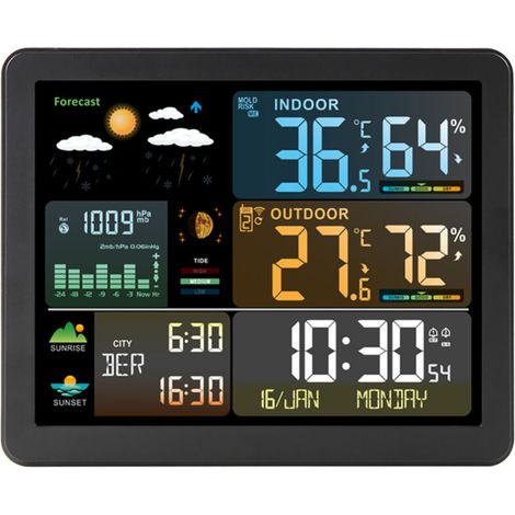 Intelligente Wetterstation Mit Uhr – Innen-/außenthermometer Und Hygrometer – Großes Multifunktionales Farbdisplay – 6-tage-wettervorhersage
