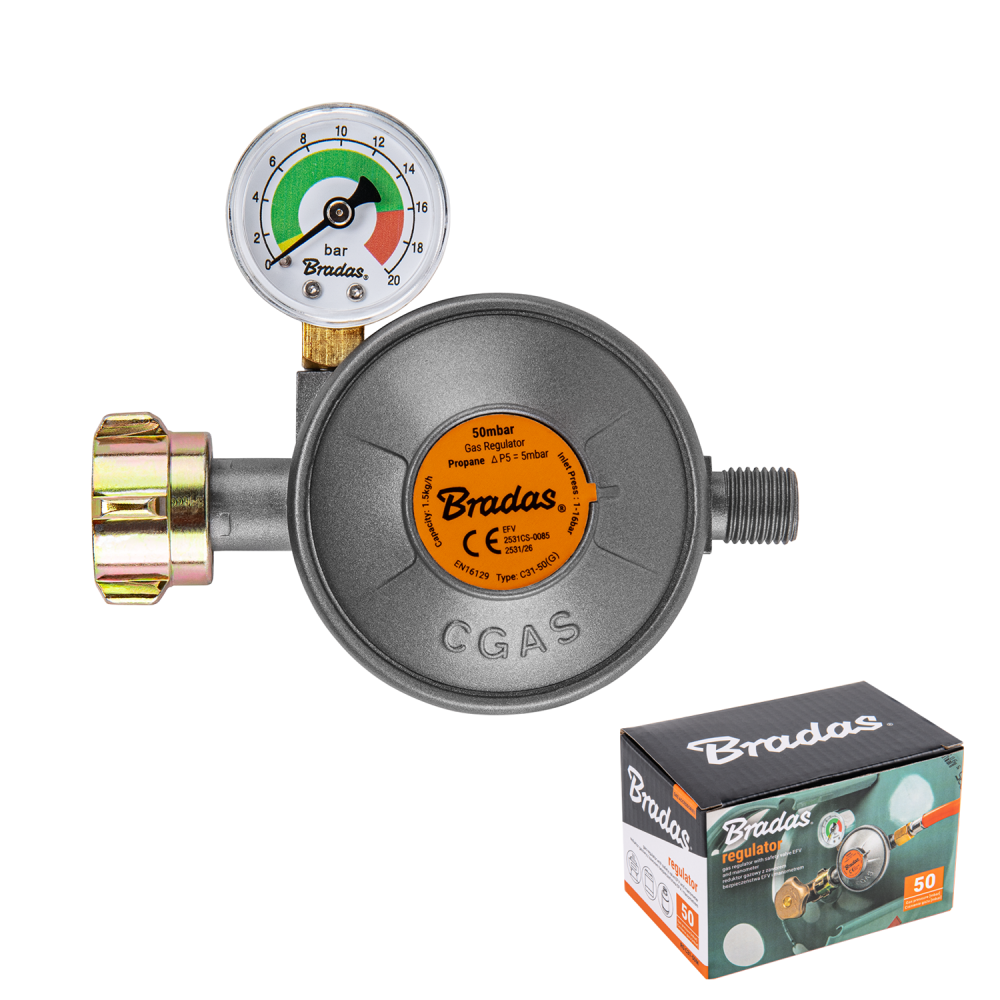 Gasreduzierer Mit Manometer Und Sicherheitsventil Efv 50 Mbar 1,5 Kg/h G1/4"-lh Bradas-box