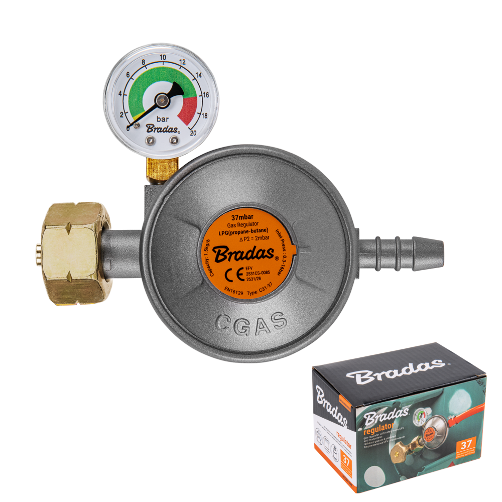 Gasdruckminderer Mit Manometer Und Sicherheitsventil Efv Bradas 37 Mbar / 1,5 Kg/h / 9 Mm