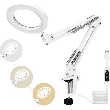 Lampe Loupe 72led, 5x Loupe De Daylight Bureau Avec Pince Métal Modes 3 Couleurs Dimmable Pour Réparation L'Artisanat,couture, Lecture（blanc）