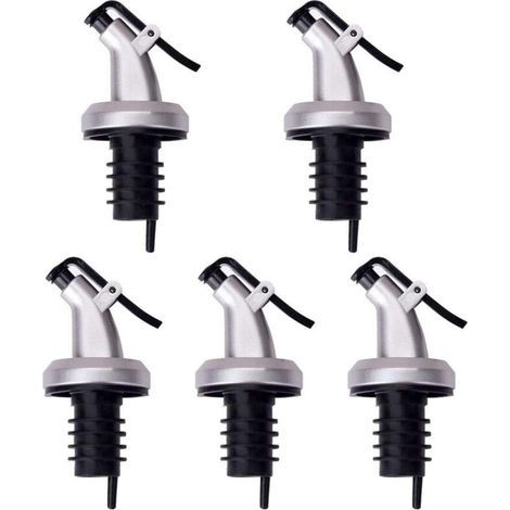 Lot De 5 Bouchons Avec Compte-gouttes Huile/vinaigre, Polypropylène/abs, 8,5x3 Cm, Noir/argent