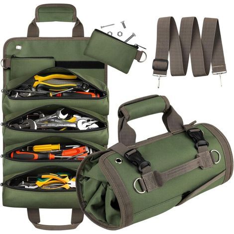 Sac À Outils Enroulable, Sac De Rangement D'Outils Robuste Pour Hommes Et Femmes, Boîte De Rangement D'Outils Portable Avec 2 Sacs À Fermeture Éclair Amovibles, Petit Sac D'Électricien