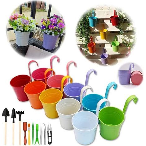 Ensemble De 10 Pots De Fleurs En Métal Vase Suspendu Panier À Planter Avec Des Outils De Jardin, Crochet Détachable, Sans Trou De Drainage, Clôture De Jardin Balcon Décoration