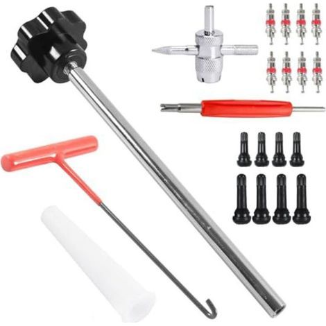 Coffret D'Outils Pour Valves De Pneu 21 Pièces, Métal Et Plastique, Avec Extracteur De Valve, Crochet, Outil Auxiliaire Et Gants, Pour Voiture, Camion Et Moto (noir Et Rouge)