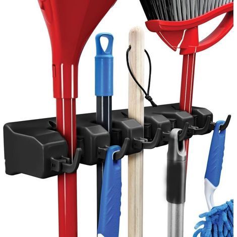 Support Mural Pour Balai Et Serpillière – Organiseur De Rangement Pour Garage Avec 5 Emplacements, 6 Crochets – Rangement Pour La Maison, La Cuisine, Le Placard, Les Outils De Jardin Et La Buanderie