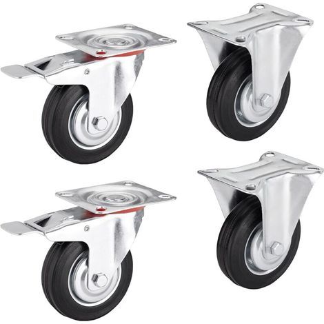 Jeu De 4 Pièces Roues Pour Lourde Charge Ø 75 Mm (2x Roues Fixes, 2x Roues Pivotantes Avec Frein) Hauteur 96 Mm, Plaque De Fixation: 80 X 67 Mm Poids Supporté Jusqu’à 280 Kg Roue Fixe