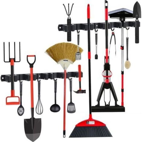 Support Mural Pour Balais En 2 Parties, 10 Supports + 8 Crochets, Porte-outils En Acier Inoxydable, Support Adhésif Pour Outils De Jardin Et Balais, Support Mural Noir Pour Suspendre Les Outils De Jar