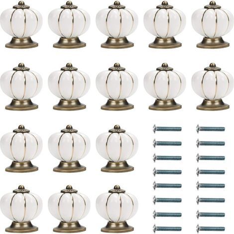 Bouton Ceramique Meuble Blanc Et Or Avec Vis En Forme De Citrouille (lot De 16) - 3,6 X 3,8 Cm - Bouton De Meuble Rond Vintage - Pour Maison, Bureau, Armoire De Cuisine, Tiroirs Et Placard