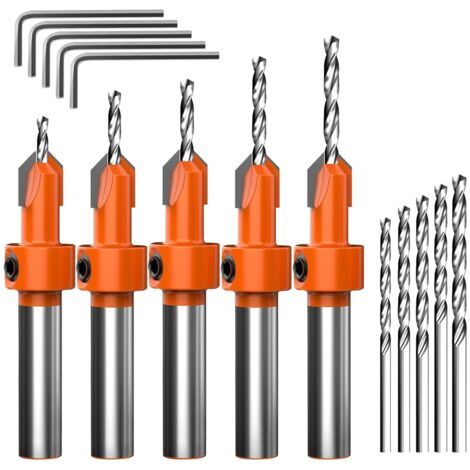 Bunthaus Jeu De 15 Foret Fraise Bois, 5 Forets À Fraiser En Hss Réglables (2.8/3/3.2/3.5/4mm), Avec 5 Mèches Remplaçables 5 Clés Hexagonales, Countersink Drill Bit Set Pour Chanfreinage Et Perçage Pré