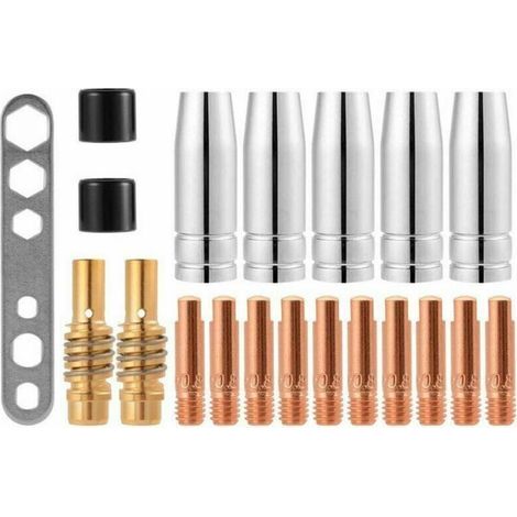 Bunthaus 20 Pcs Embouts De Contact De Buse De Soudage 15ak Mig/mag Ensemble De Support De Connecteur De Gaz M6 0,8x25mm (10 X Contact, 5 X Buse, 2 X Connecteur, 2 X Isolant, 1 X Outil)