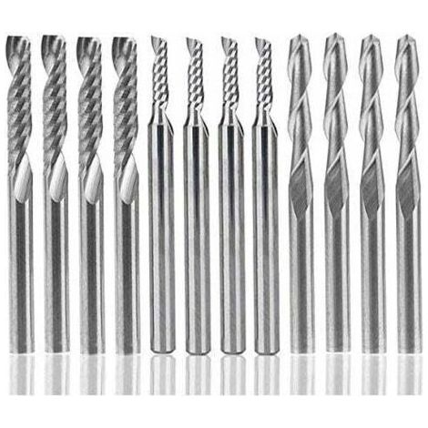 Bunthaus Lot De 12 Fraises En Carbure De Tungstène, 4 Fraises Cnc 1/8" À Double Cannelure + 8 Fraises En Bout À Bord Unique (2 Types) Pour Nylon, Résine, Abs, Acrylique, Pvc, Mdf, Bois