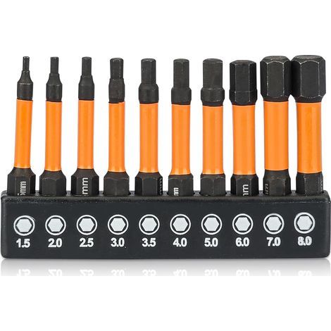 Bunthaus Lot De 10 Forets Pour Clé Allen Hexagonale, Forets Pour Clé Allen, Tige Hexagonale De 6,35 Mm, Embouts De Tournevis À Percussion, Embouts De Tournevis Hexagonaux Métriques (h1,5-h8)