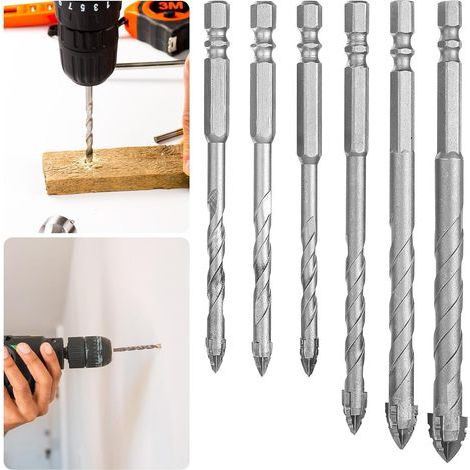 Bunthaus Lot De 6 Forets Excentriques Dentelés À Quatre Bords, Pointes En Carbure Haute Résistance À Quatre Cannelures, Tige Hexagonale De 6,35 Mm Pour Maçonnerie, Béton, Brique, Métal, Bois, Carrelag