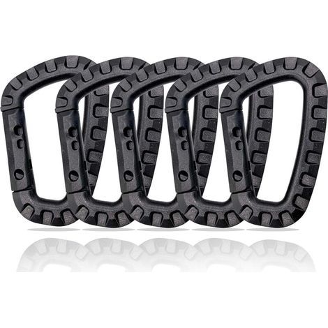 Mousquetons En Plastique – Lot De 5 – Mousqueton Tactique Militaire Noir Avec Fermeture À Ressort – Mousqueton Robuste En Forme De D Pour Sac À Dos, Camping Et Extérieur – Carabiner
