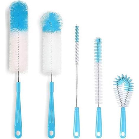 Pair Lot 5 Goupillons Pour Biberons, Manche 40 Cm, Brosse Paille, Nettoyeur Flexible Pour Biberons À Goulot Étroit, Carafes À Vin, Bouteilles De Sport Et Verres (bleu)