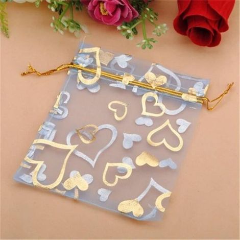 Pair 100sachets, Pochettes, Sacs En Organza Pour Marriage, Bijoux, Cadeaux, Bleu Avec Cœur Doré , 120100mm