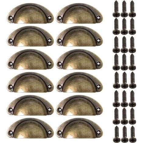 Bunthaus 12 Poignées De Meuble Vintage Bronze, Poignées De Tasse Coquille, Poignet De Tiroir Cuisine, Métal Boutons De Porte Pour Placards, Armoires, Commodes, Penderies, Décoration