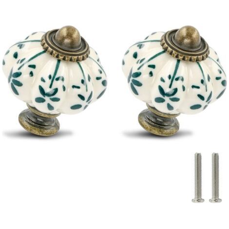 Bunthaus Lot De 6 Boutons De Tiroir En Céramique Ivoire Et Vert - Style Vintage - Avec Vis - Fleur Verte