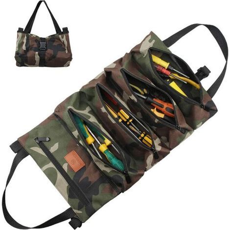 Pair Sac Outils 5 Poches Zippées,rouleau D'Outils Sac Voiture,sac Outils Rouleau Toile,poche Zippée Rouleau D'Outils,pliable (outils Non Inclus, Camouflage De La Jungle)