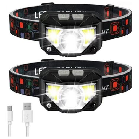 Bunthaus Lntyq Lot De 2 Lampes Frontales Led Ultra Puissantes, Rechargeables Par Usb, Avec Capteur De Mouvement, Légères Et Étanches, 14 Modes Pour La Course, Le Camping Et La Pêche