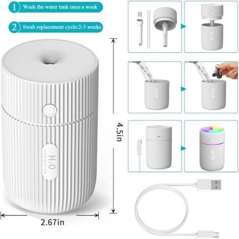 Bunthaus Humidificateur, Mini Humidificateur Ultrasonique Avec 2 Modes De Brumisation Réglables, Arrêt Automatique Et Veilleuse Colorée, Humidificateur Usb Portable Pour Voiture, Maison, Bureau, Chamb