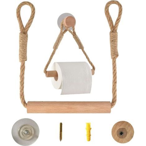 Bunthaus Porte Papier Toilette Auto-adhésif, Porte Rouleau Papier Wc Sans Percage, Support De Rouleau De Serviette Toilette Corde En Bois Anneau De Serviette Rustic, Salle De Bain Accessoires