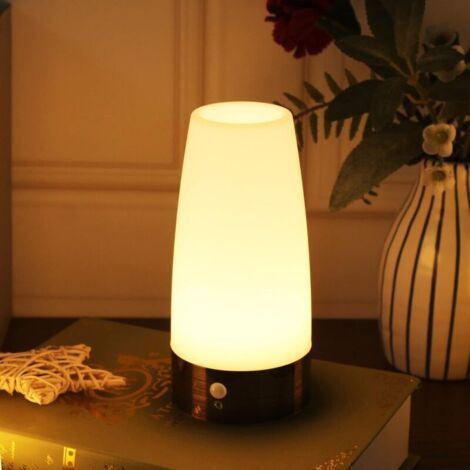 Bunthaus Lampe De Table, Veilleuse À Led Rétro, Lampe De Chevet Avec Détecteur De Mouvement Pir Sans Fil, Fonctionne Avec 3 Piles Aaa 1,5 V, Plastique, Lumière Blanche, Round