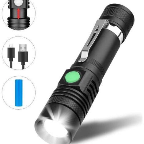 Bunthaus 3 Modes Lampe Torche Rechargeable Usb, Lampe De Poche Led, Anti-choc Étanche Et Zoomable Avec 1 Piles 18650 Et Chargeur Usb Pour Ménage, Camping, Éclairage De Secours