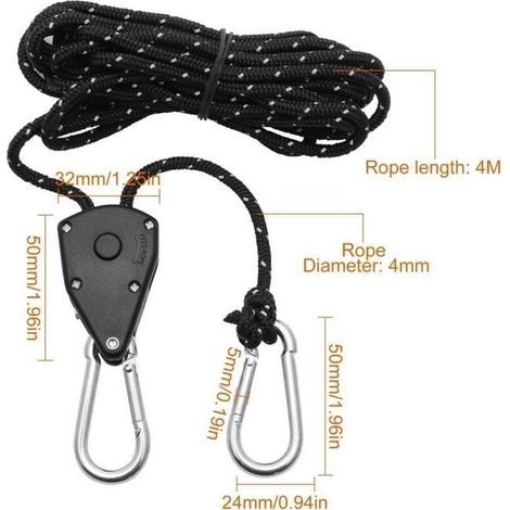 Pair 2 Pièces Corde À Cliquet Réglable 4m, Poulie À Cliquet Noir 1/8 Avec 2 Replacement Crochets, Tendeur De Corde À Cliquet Réfléchissante Pour Lampe Plantes Tente Randonnée