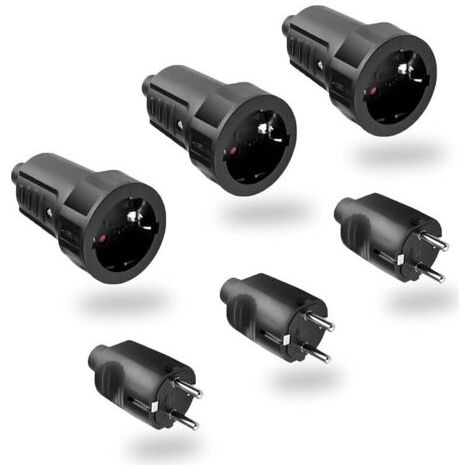 Bunthaus Noir 3 Paires Fiche Male Femelle Etanche Exterieur Prise 250v 6a Ip44 Raccord Prise À 2 Broches Pieds Ronds Fiche Prise Electrique Sans Câble