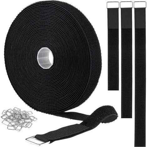 Bunthaus 2.5cm X 5m Attache Câble Scratch, Non Adhésif Serre Câble Bande Avec 25 Bouton En Métal, Attaches De Câble Réutilisables Réglables Pour Ranger Et Organiser Tous Les Câbles, Noir