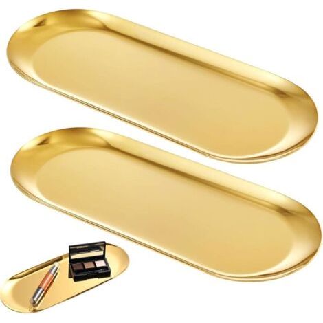 Bunthaus Lntyq Lot De 2 Plateaux Ovales En Acier Inoxydable Doré, 22,8 Cm De Long, Organisateur De Cosmétiques Et De Bijoux, Finition Polie Miroir, 2 Pièces