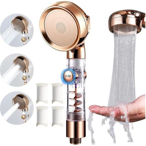Pommeau De Douche Turbo À 3 Modes, Haute Pression Avec 4 Filtres, Bouton D'Arrêt D'Eau, Design Doré Élégant Pour Une Douche Unique