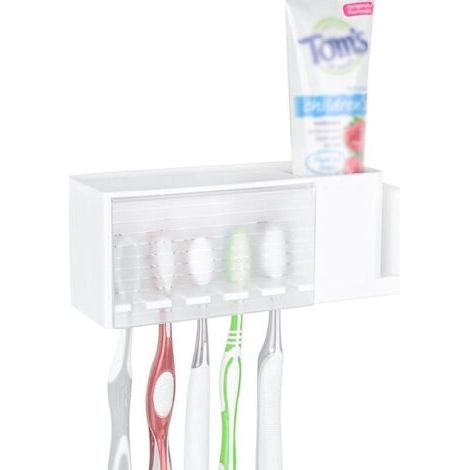Bunthaus Lntyq Porte-brosse À Dents Autocollant Multifonctionnel, Porte-brosse À Dents Mural Avec Couvercle, Boîte De Rangement De Dentifrice Et Brosse À Dents Pour Salle De Bain (blanc)