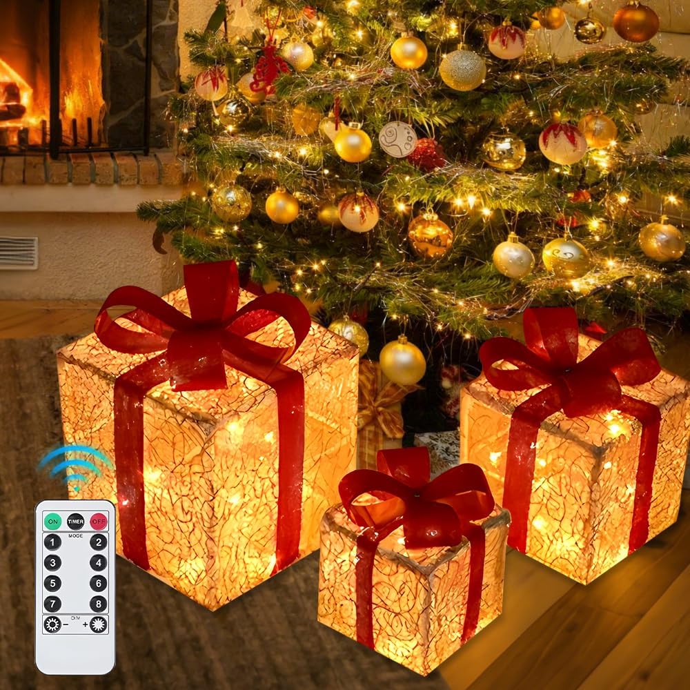 Ccykxa 3er-set Beleuchtete Weihnachtsgeschenkboxen, Beleuchtete Geschenkboxen, Dekorative Geschenkboxen Mit 8 Leds, Led-dekoration (25,5/20,5/15,5 Cm)