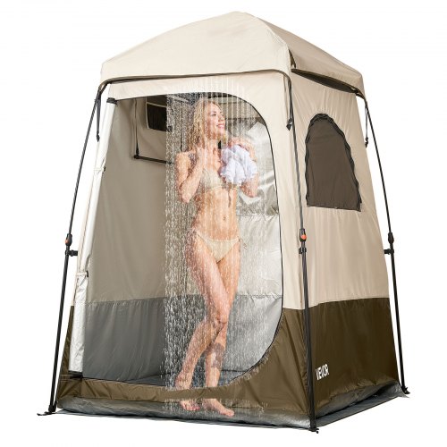 Duschzelt Mit 1 Raum, Wasserfestes Toilettenzelt (145x145x215 Cm), Umkleidezelt Inkl. Heringen & Seilen & Tragetasche & Querstange, Aus 210d Oxford-gewebe Für Camping Strand Angeln Khaki