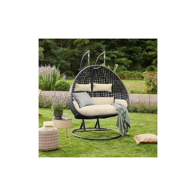 Home Deluxe - Polyrattan Hängesessel Twin Deluxe - Schwarz/creme Für 2 Personen Poly Rattan Hängesessel Hängekorb