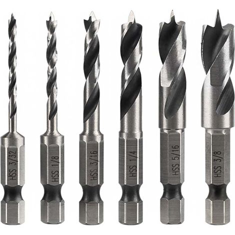 6pcs Meche Bois À Tige Hex, Jeu De Tige 1/4" Forets Hss Hélicoïdaux Pour Bois Métal Plastique Et Bosch 6.35mm Hex Tige Rotatives Outil