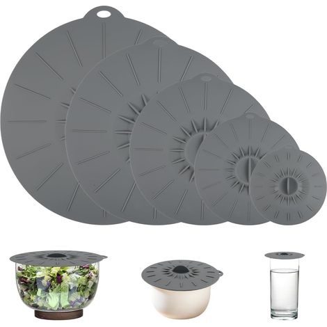 5 Pcs Couvercle Silicone Réutilisable Sans Bpa Couvercles En Silicone Effet D'Aspiration Imperméable Et Résistant À La Chaleur, Pour Bols, Casseroles, Assiettes, Tasses, Fours, Réfrigérateurs (gris)