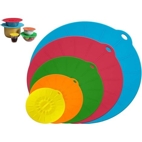 Couvercles En Silicone, 5 Pièces Tailles Différentes Couvercle Fraîcheur En Silicone, Pour Bols, Casseroles, Assiettes, Tasses, Fours, Réfrigérateurs(bleu, Rouge, Vert, Jaune, Orange)