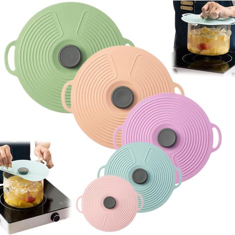 Lot De 5 Couvercles En Silicone Pour Casseroles Et Poêles De 32,4/28/23,9/20,9/15,2 Cm, Couvercles De Bol De Qualité Alimentaire Avec Poignée, Couvercles Réutilisables À Ventouse