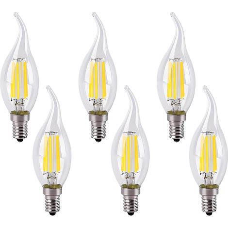 Ampoule Flamme Led E14 6w Equivalent 60w 600lm, Blanc Froid 6500k, E14 Led Bougie Pour Lustres, Lustres En Cristal, Luminaires Décoratifs, Dimmable, Verre, Lot De 6 [classe Énergétique B]