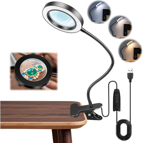 Lampe Loupe 10x Avec Pince Et Câble Usb, 5 Couleur 10 Luminosité, Loupe Lampe Pince À Led Avec Bras Réglable Pour Soudure Petit Bricolage Couture Creation De Bijoux Lecture, Noire [classe Énergétique