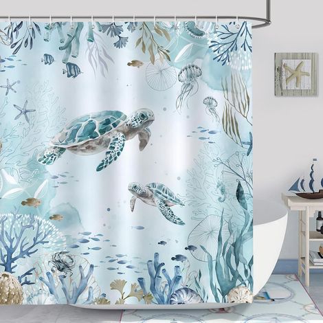 Rideau De Douche Tortue De Mer Bleu Ocean Rideau De Bain Tissu Polyester Anti Moisissure Imperméable Lavable Rideaux Salle De Bain 180 X 180 Cm Avec 12 Crochets Pour Baignoire