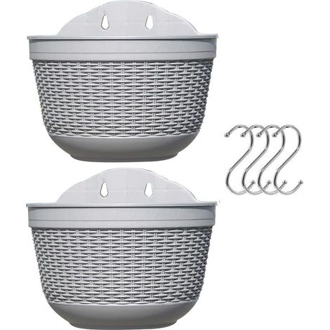Lot De 2 Pots De Fleurs À Suspendre En Plastique Avec Drainage Et 4 Crochets (gris + Gris)
