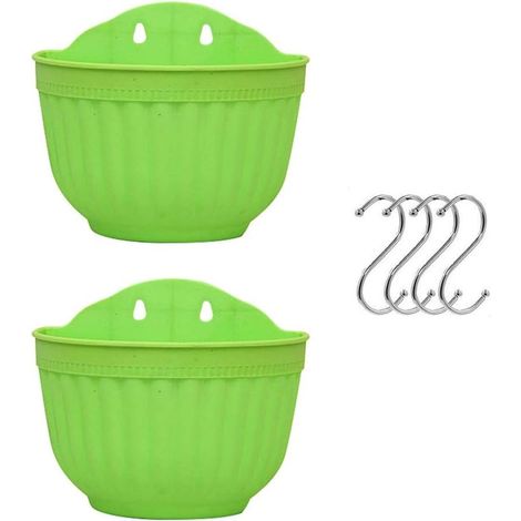 Lot De 2 Pots De Fleurs À Suspendre En Plastique Pour Balcon, Clôture, Pot De Fleurs Mural Avec Drainage Et 4 Crochets (vert + Vert)