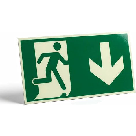 Panneau Sortie De Secours Flèche Bas, 2mm Alu + 1mm Adhésif Autocollant, Din 67510 Photoluminescent & Réfléchissant, Iso 7010 Panneau D'Évacuation Sans Perçage Pour Commercial (30x15cm)