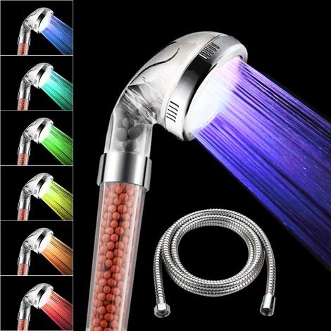Pommeau De Douche Avec Tuyau, 7 Couleurs Changeantes, Avec Pression Led, Économiseur D'Eau, Régulateur De La Température, Adoucisseur D'Eau