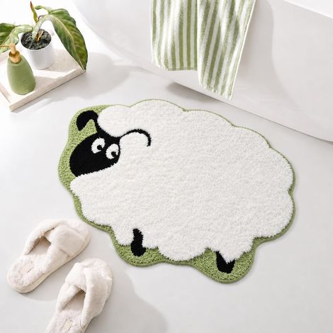 Tapis De Bain Campagnard Avec Moutons Adorables En Style Dessin Animé, Tapis Antidérapant Pour Salle De Bains, Lavable, Moelleux, Tapis De Douche Douillet, Paill